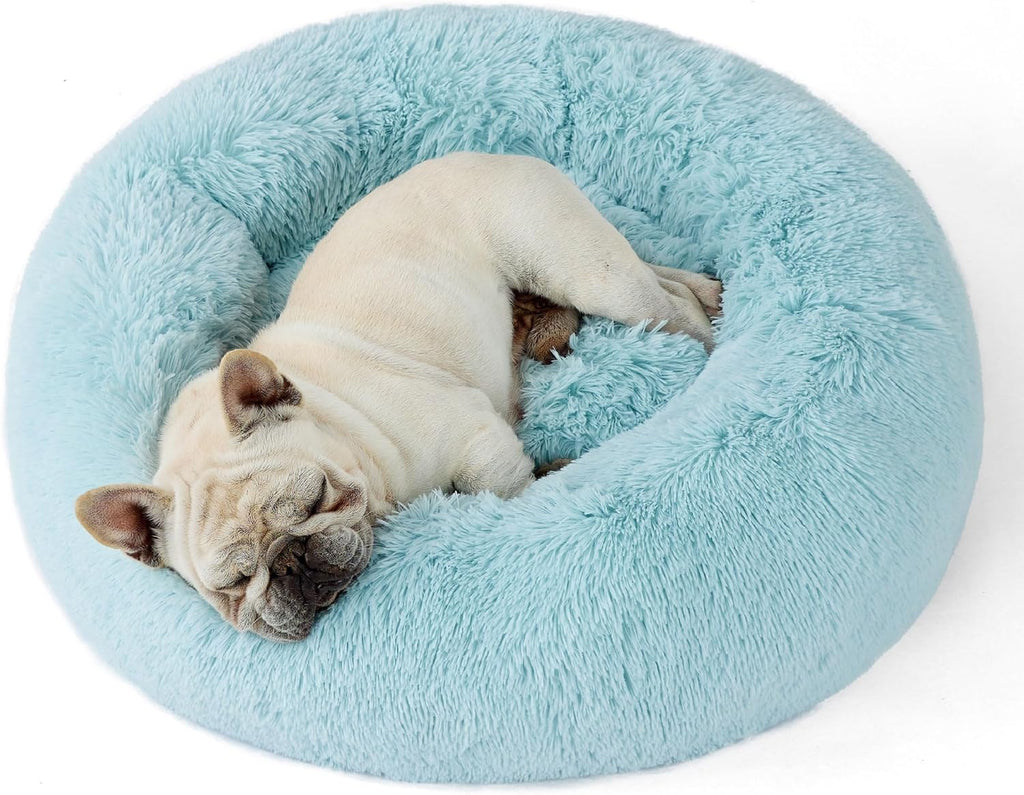 Calming Dog Bed for Small Dogs - Donut Washable Small Puppy Bed, 23 Inches Anti-Slip round Fluffy Plush Faux Fur Large Cat Bed, Fits up to 25 Lbs Pets, Camel