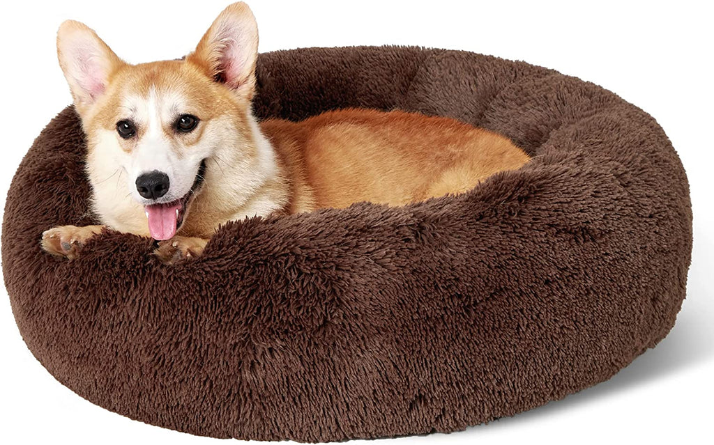 Calming Dog Bed for Small Dogs - Donut Washable Small Puppy Bed, 23 Inches Anti-Slip round Fluffy Plush Faux Fur Large Cat Bed, Fits up to 25 Lbs Pets, Camel