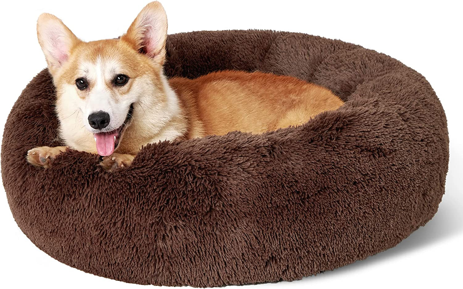 Calming Dog Bed for Small Dogs - Donut Washable Small Puppy Bed, 23 Inches Anti-Slip round Fluffy Plush Faux Fur Large Cat Bed, Fits up to 25 Lbs Pets, Camel