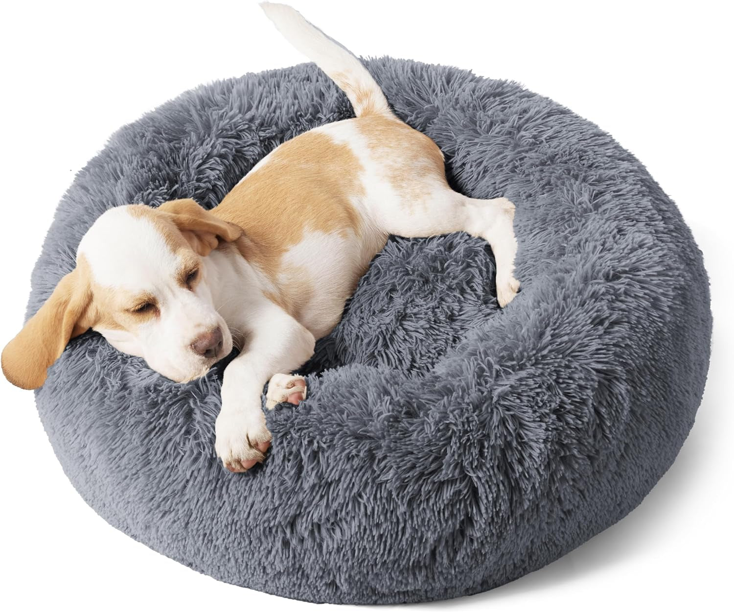 Calming Dog Bed for Small Dogs - Donut Washable Small Puppy Bed, 23 Inches Anti-Slip round Fluffy Plush Faux Fur Large Cat Bed, Fits up to 25 Lbs Pets, Camel