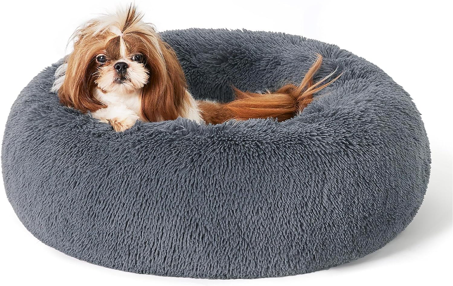 Calming Dog Bed for Small Dogs - Donut Washable Small Puppy Bed, 23 Inches Anti-Slip round Fluffy Plush Faux Fur Large Cat Bed, Fits up to 25 Lbs Pets, Camel