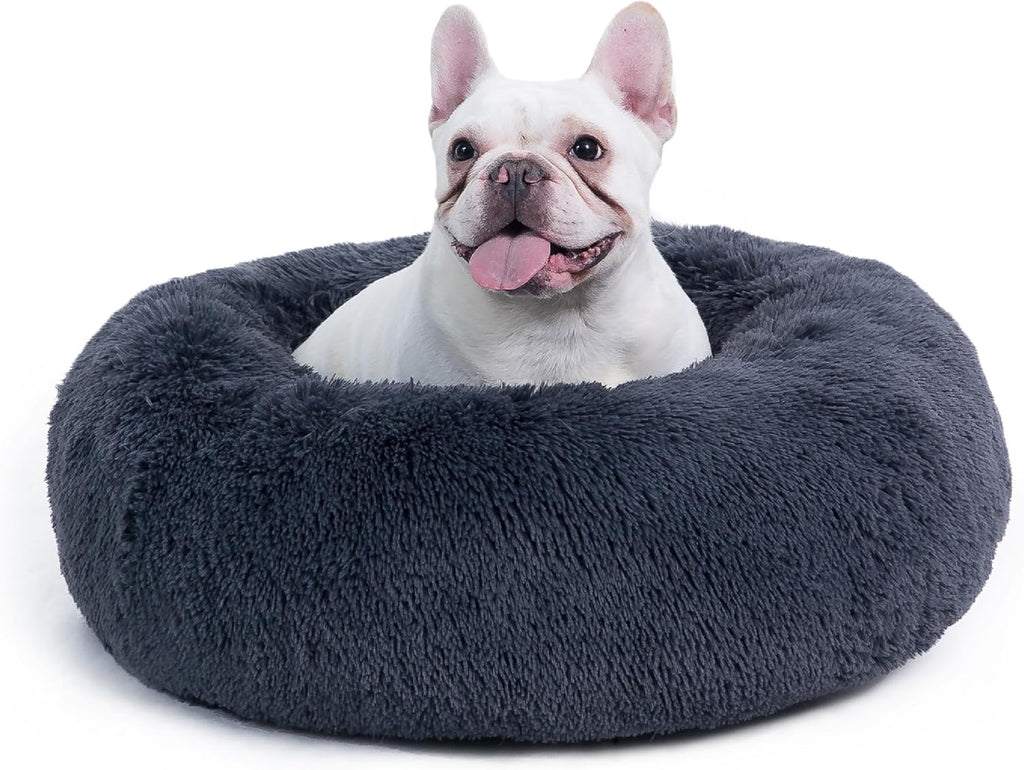 Calming Dog Bed for Small Dogs - Donut Washable Small Puppy Bed, 23 Inches Anti-Slip round Fluffy Plush Faux Fur Large Cat Bed, Fits up to 25 Lbs Pets, Camel