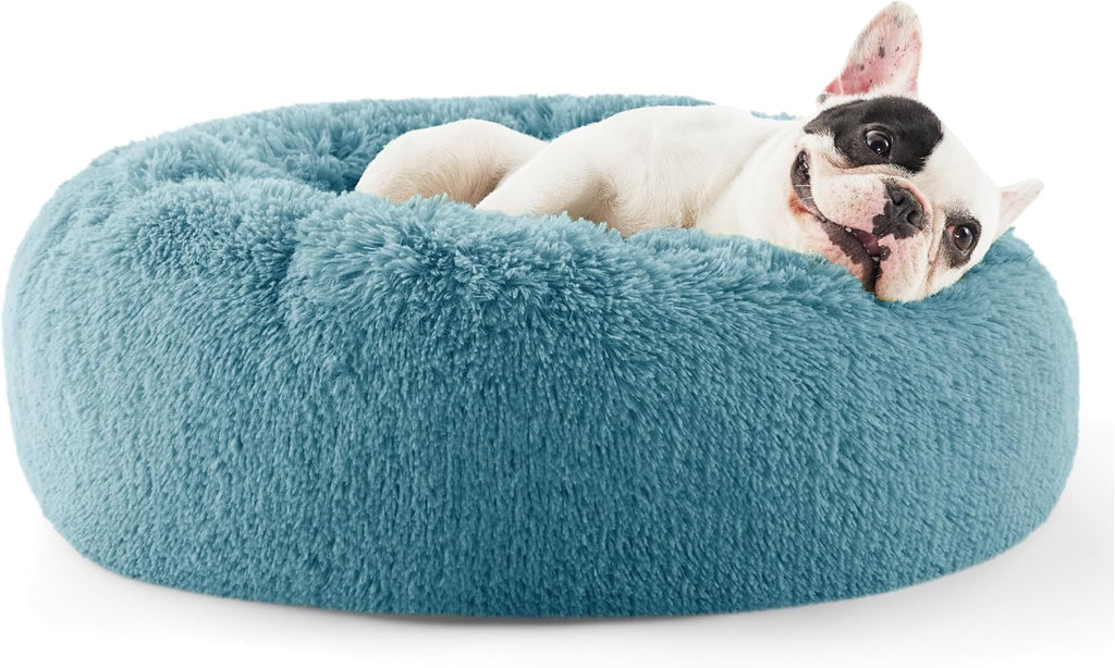Calming Dog Bed for Small Dogs - Donut Washable Small Puppy Bed, 23 Inches Anti-Slip round Fluffy Plush Faux Fur Large Cat Bed, Fits up to 25 Lbs Pets, Camel