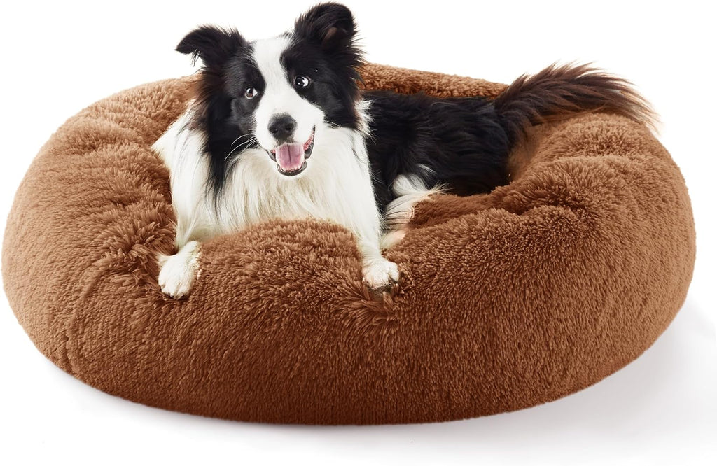 Calming Dog Bed for Small Dogs - Donut Washable Small Puppy Bed, 23 Inches Anti-Slip round Fluffy Plush Faux Fur Large Cat Bed, Fits up to 25 Lbs Pets, Camel