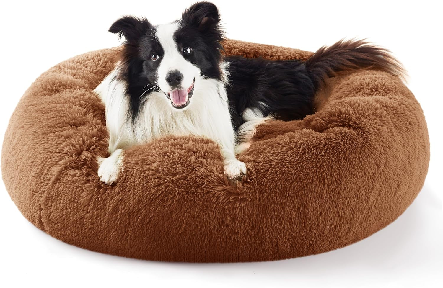 Calming Dog Bed for Small Dogs - Donut Washable Small Puppy Bed, 23 Inches Anti-Slip round Fluffy Plush Faux Fur Large Cat Bed, Fits up to 25 Lbs Pets, Camel