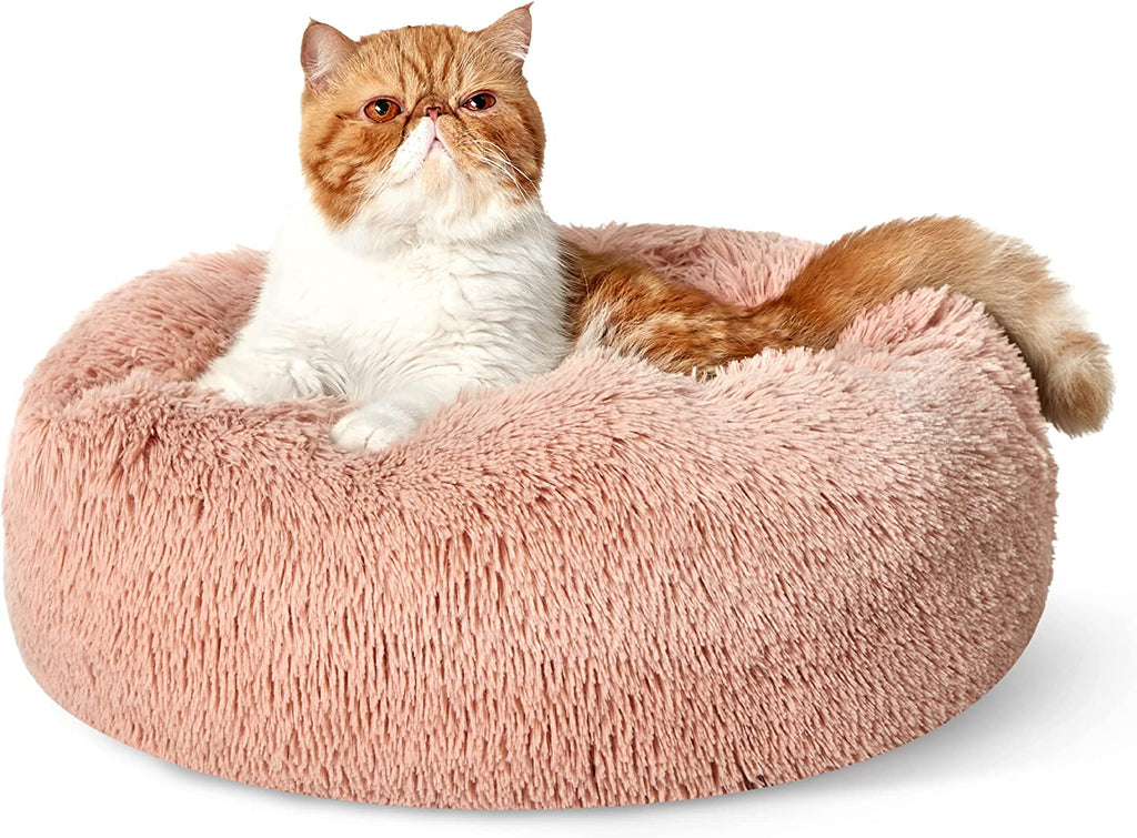 Calming Dog Bed for Small Dogs - Donut Washable Small Puppy Bed, 23 Inches Anti-Slip round Fluffy Plush Faux Fur Large Cat Bed, Fits up to 25 Lbs Pets, Camel