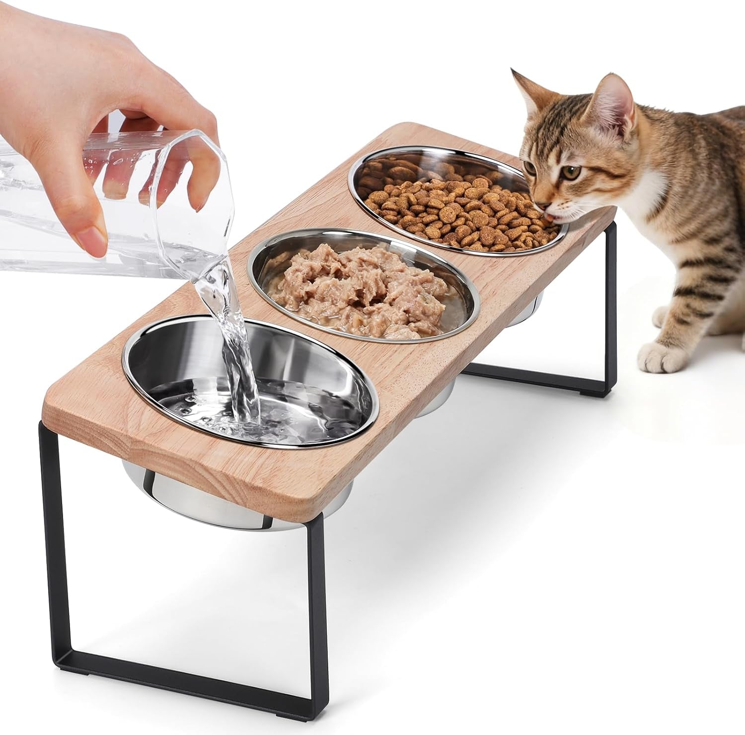Elevated Cat Bowls, 15° Tilted Raised Cat Food Bowls Wood Pet Bowls with Stand anti Vomiting 2 Stainless Steel Bowls for Cats and Puppy