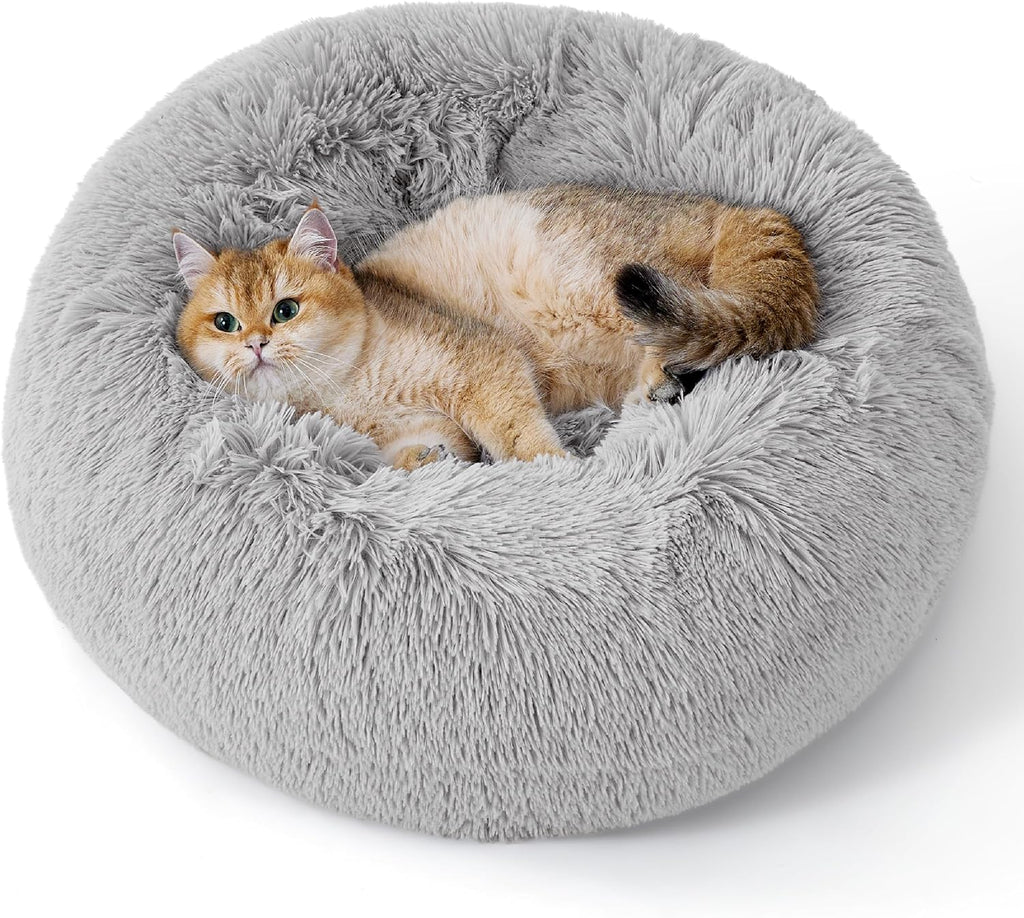 Calming Dog Bed for Small Dogs - Donut Washable Small Puppy Bed, 23 Inches Anti-Slip round Fluffy Plush Faux Fur Large Cat Bed, Fits up to 25 Lbs Pets, Camel