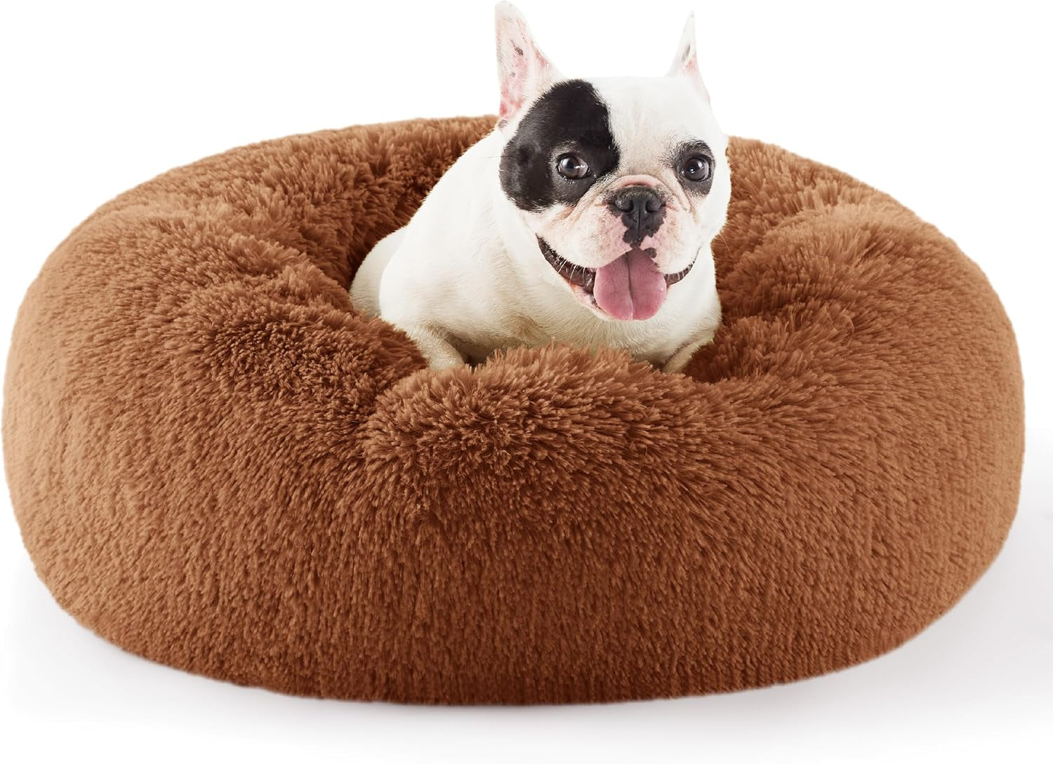Calming Dog Bed for Small Dogs - Donut Washable Small Puppy Bed, 23 Inches Anti-Slip round Fluffy Plush Faux Fur Large Cat Bed, Fits up to 25 Lbs Pets, Camel